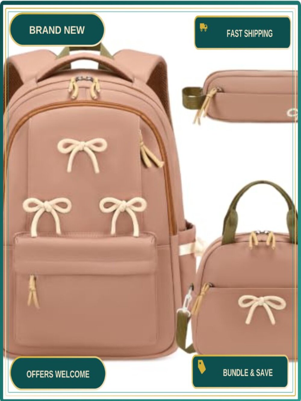 Girls Bow Backpack Set - 3 Piece Lunch Bag Pencil Case, Waterproof